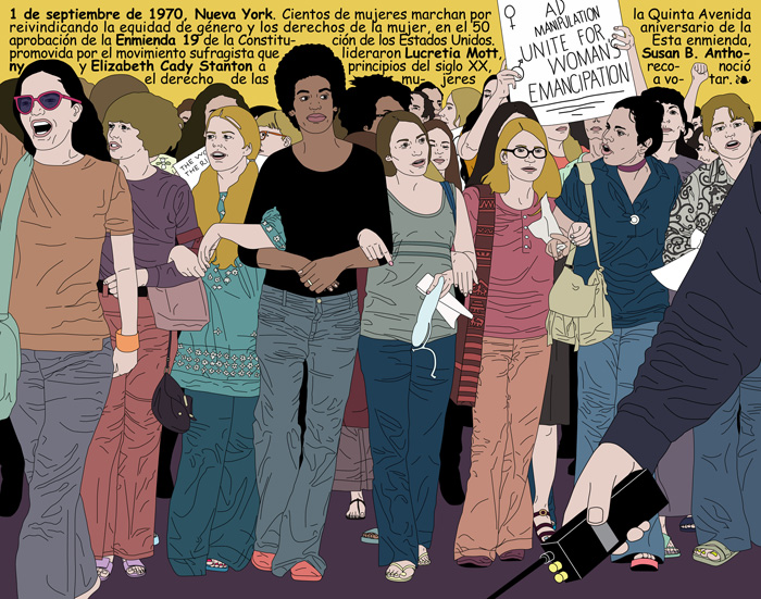 Uma data importante, o 1º de setembro de 1970, em Nova York. Centenas de mulheres marcharam na 5ª Avenida, cobrando equidade de gênero e direitos das mulheres no 50º aniversário da 19ª Emenda da Constituição dos Estados Unidos. Desenho por María María Acha-Kutscher (CC BY-NC-ND 3.0).
