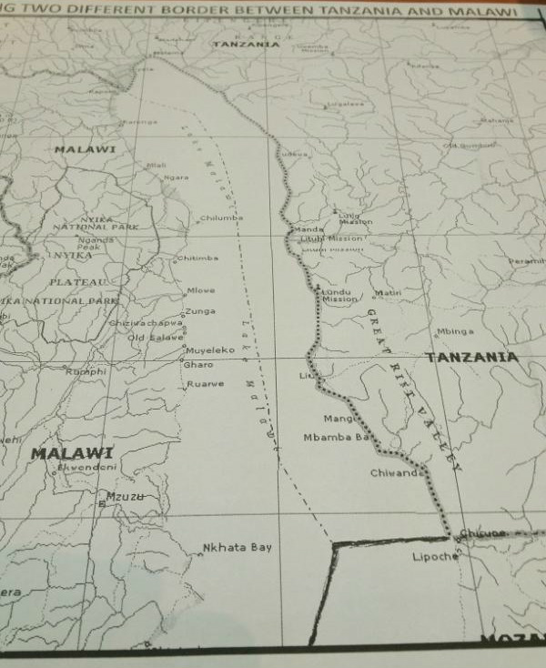 A map showing two different borders between Tanzania and Malawi. Image courtesy of wavuti.com.