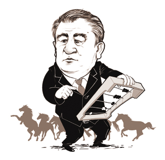 A cartoon of Kyrgyz MP Omurbek Tekebayev counting horses. By Vecherni Bishkek, used with permission.