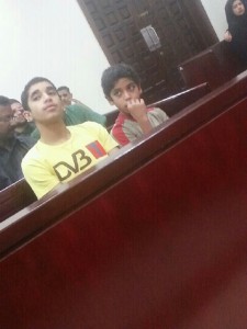 Mirza AbdulShaheed (12) & Mohsin AlArab (13) in court. Manama, Bahrain. Image by Twitpic user and their lawyer @Duaa_al3mm