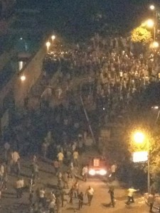 Protesters outside the US Embassy in Cairo last night 