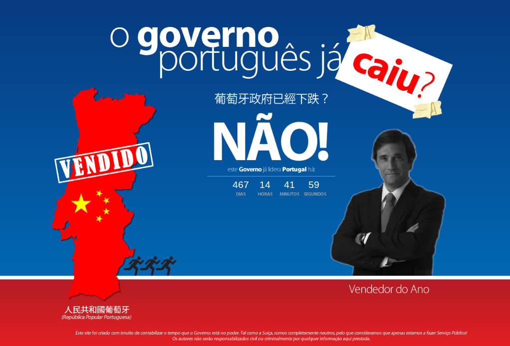 Screenshot of the countdown website O Governo Português Já Caiu? (Has Portuguese Government Fallen Already?).