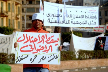 A protestor carrying a poster which reads: Down with the Muslim Brotherhood invasion. Long lives a free and independent Egypt 