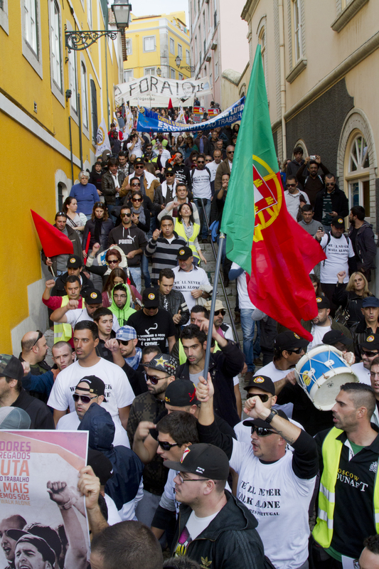 Demonstrators walking towards the Assembleia da Republica in Sao Bento, Lisbon. Photo by Francois Bota copyright Demotix (14/11/2012)