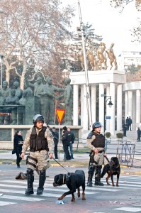 Police with dogs. Monuments in background. Skopje, Macedonia. Photo by Vachno Dzambaski, CC BY-NC-SA.