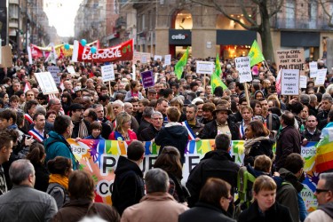 Street march for universal marriage rights in France by Pierre Selim on FlickR. License CC-BY-2.0
