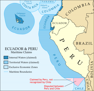 خريطة توضح مزاعم الحدود البحرية لكل من الإكوادور، بيرو، والبلدان المحيطة