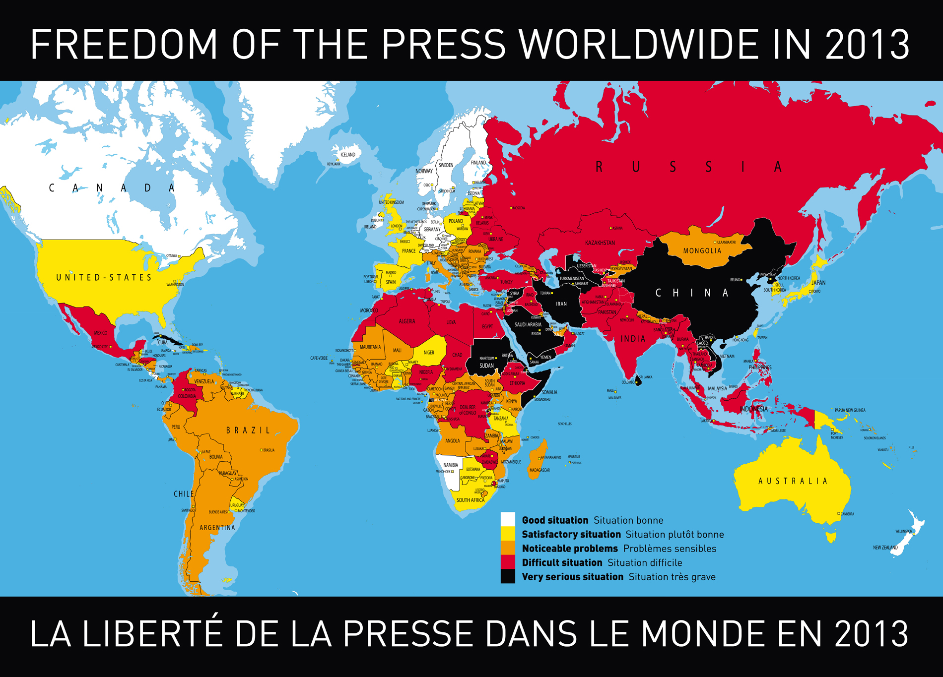 حرية الصحافة في جميع أنحاء العالم في عام 2013. المصدر: منظمة مراسلون بلا حدود على فيسبوك