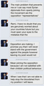 Some of Jihad Makdisi's direct messages to Syrian activist Rami Jarrah on Twitter 