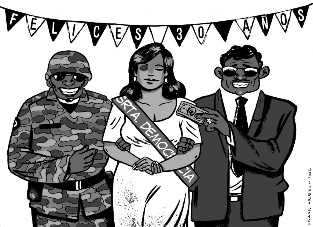 Image posted on El blog de Arbelo, a Bolivian artist. “Lady Democracy and her two husbands”, reference to a Brazilian novel and movie. 