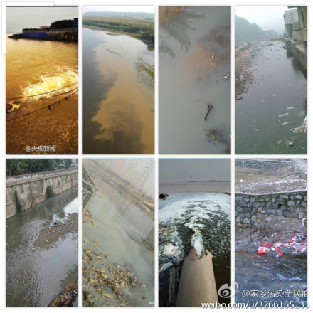 A collection of microbloggers' photos of river pollution near their hometown. 