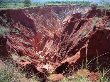 Lavaka (erosion gully) in Madagascar caused by deforestation via wikipedia CC-BY-2.0