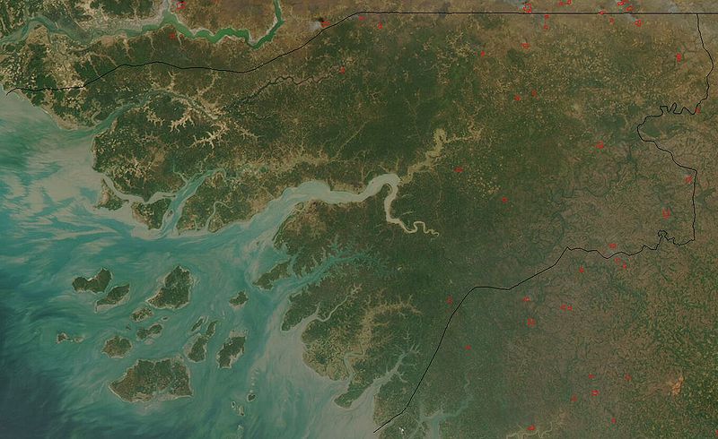 Satellite image of Guinea-Bissau in January 2003. The Islands are known as Bijagos Archipelago. Image in the public domain.