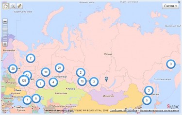 Mapa del sitio web roi.ru, que muestra la distribución geográfica de creadores de peticiones. Captura de pantalla, 13 de abril de 2013.