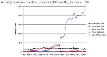Production of different species of eels. Figure from the TRAFFIC report written by Vicki Crook.