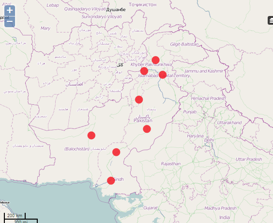 Captura de pantalla de Pakvotesmap.pk en la que se señalan incidentes violentos relacionados con las elecciones. Utilizada con permiso de Pak Votes