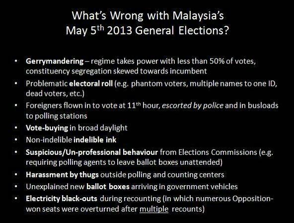 An image being shared amongst Malaysian Facebookers outlining the various acts of electoral fraud