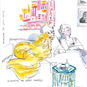 Discussing The Great Gatsby at a reading club. Sketch by Isabel Fiadeiro.