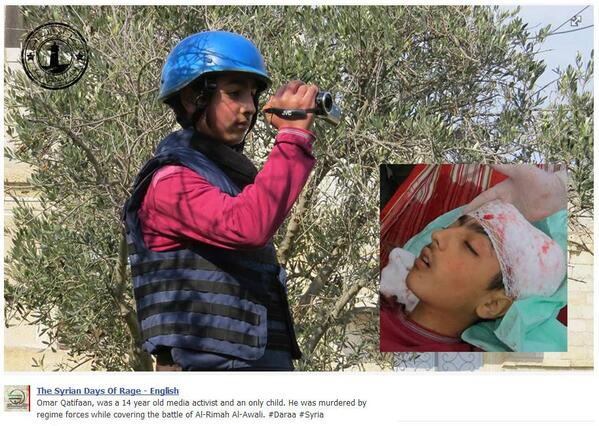 Mediaaktivisten Omar Qatifaan var bara 14 år gammal då han dödades medan han rapporterade om en strid i Daraa, Syrien. Foto från Twitter-kontot ‏@RevolutionSyria
