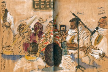 Griots at the Fondation Malouma. Sketch by Isabel Fiadeiro.