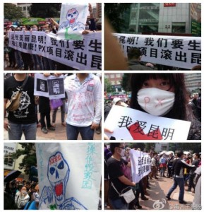 Protesters wore symbolic masks and brandished posters warning against the dangers of a paraxylene (PX) spill.(From Sina Weibo)
