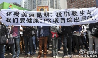 Sign reads: "Beatiful Kunming! We need to survive! We want to be healthy! PX—out of Kuming !"