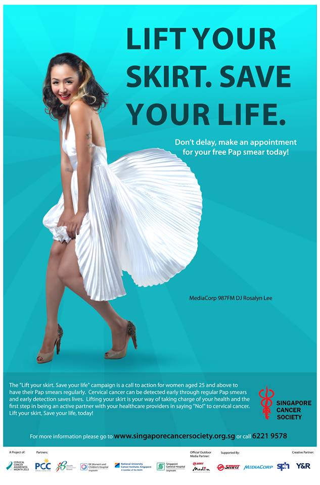Poster/Reklama “Podigni Suknju. Spasi Život” za podizanje svesti o raku grlića materice. Slika sa Facebook stranice Singapurskog Drupštva za Borbu Protiv Raka 