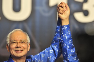 Malaysia's Prime Minister Najib Razak celebrates after winning the elections. Photo by Hilmi Jaafar, Copyright @Demotix (5/6/2013)  
