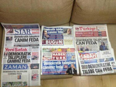 Seven Turkish newspaper ran the same headline on the protests. Photograph shared by @ozlemmisler on Twitter 