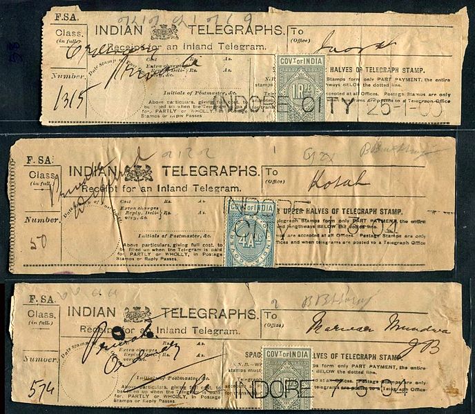 Indian Telegraph receipt dated somewhere around 1900-1904. Image from public domain via Wikimedia Commons.