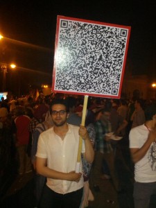 An innovative protest sign. Leave written in 14 languages coded in QR. Photograph shared on Twitter by @AssemMemon