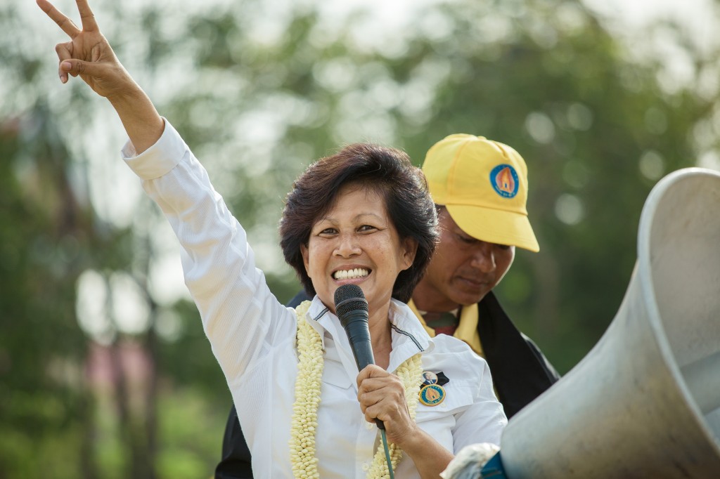 Princess Norodom Arunrasmey, daughter of late king Norodom Sihanouk and head of the royalist party, cheers her supporters gathered at the Freedom Park in Phnom Penh. Photo by  Thomas Cristofoletti, Copyright @Demotix (7/3/2013)