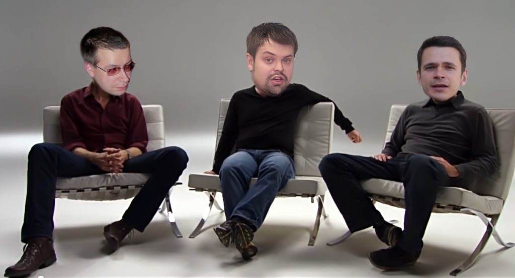 The Ricky Gervais Show, Yaroslavl edtition. (from left to right, Timofey Sheviakin as Steven Merchant, Kirill Shulika as Ricky Gervais, and Ilya Yashin as the round-headed buffoon Karl Pilkington). Image remixed by author using YouTube screenshot. 
