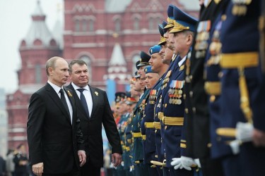 President Vladimir Putin inspects the troops on Victory Day, 9 May 2012, Moscow. Kremlin press service, public domain.