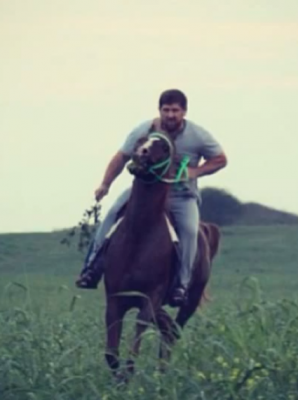Ramzan Kadyrov shows off his horse riding skills, 29 August 2013, screen capture from YouTube.