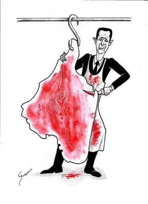  كاريكاتور بواسطة حسام السعدي يظهر بشار الأسد وهو يذبح خريطة سوريا وكأنها أضحية للعيد.