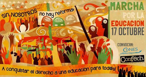A Confederação dos Estudantes Chilenos (Confech) convocou uma marcha em prol de educação superior gratuita e de qualidade para todos os chilenos, em 17 de outubro. Foto compartilhada pela Prensa Opal no Facebook.