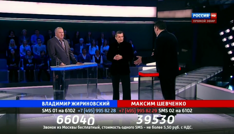 Zhirinovsky (on the left) debating Maksim Shevchenko on "The Duel." YouTube screenshot.