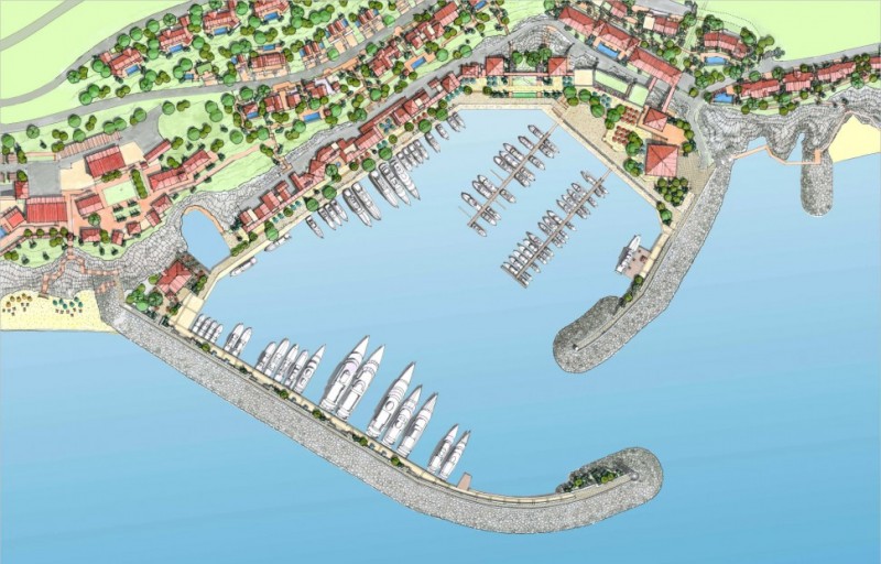 One of the planned marinas and residential areas in Luštica Bay; image from promotional press package by Orascom Development, public domain.  