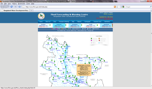 Screenshot of the Bangladesh  Flood Forecasting and Warning Centre (FFWC) website