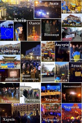 An image listing various cities where #Euromaidan protests were held in Ukraine and abroad: Brasil, South Korea, India, Austria, Czech Republicand other. Image by Twitter user Ihor Shevchenko (@upiterian). Used with permission.