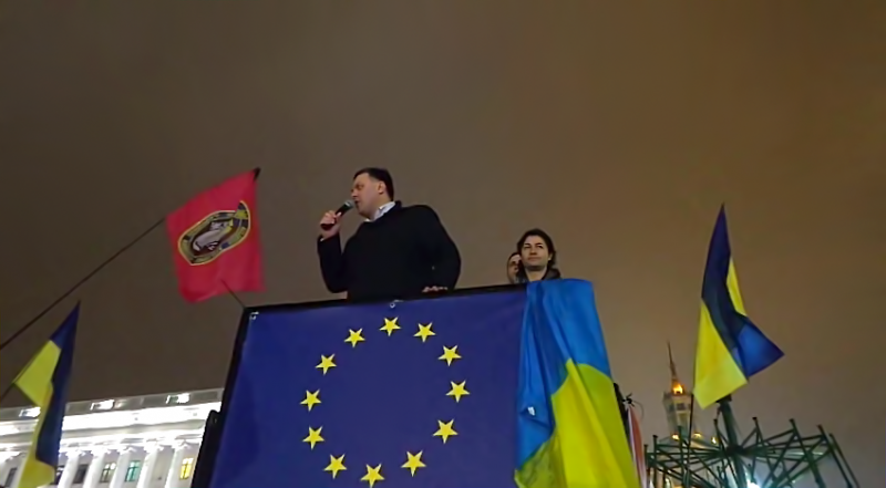 Nationalist Ukrainian politician Oleg Tiagnibok speaking at a pro-EU accession rally in Kiev, Ukraine. YouTube screenshot.