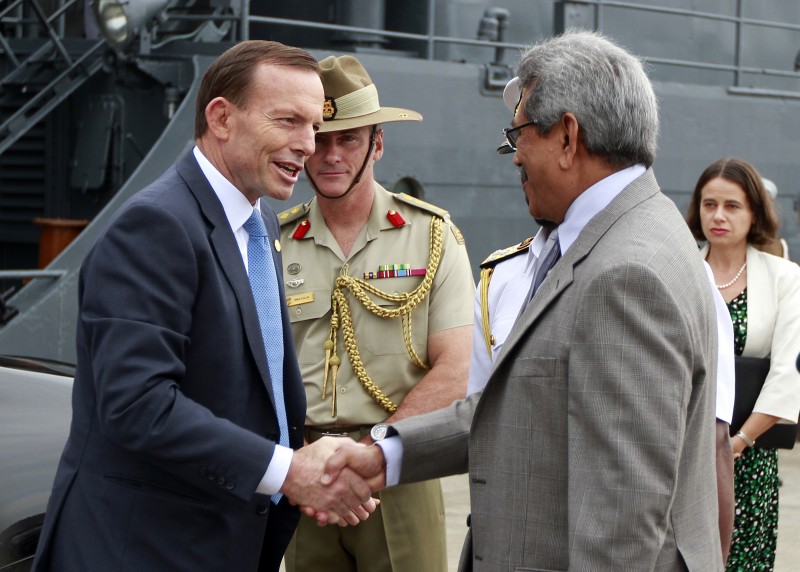 Australian Prime Minister Tony Abbott visits the Sri Lanka Navy vessel Sayura in Colombo, Sri Lanka. Photo by Chamila Karunarathne, Copyright @Demotix (11/17/2013)
