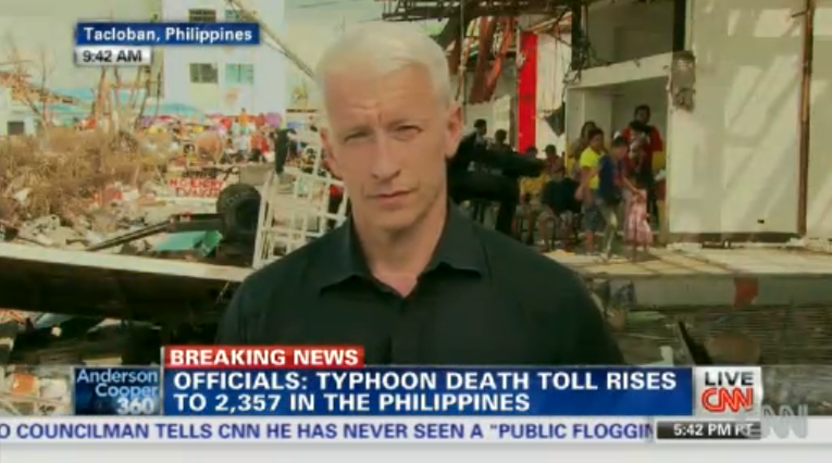 CNN's Anderson Cooper reporting from Tacloban, Philippines. Photo from CNN website