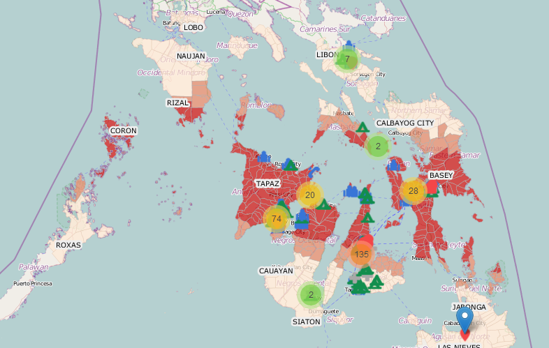 La mitigación de desastres del gobierno y mapa de respuesta. Las zonas rojas son las provincias más afectadas en las Visayas.