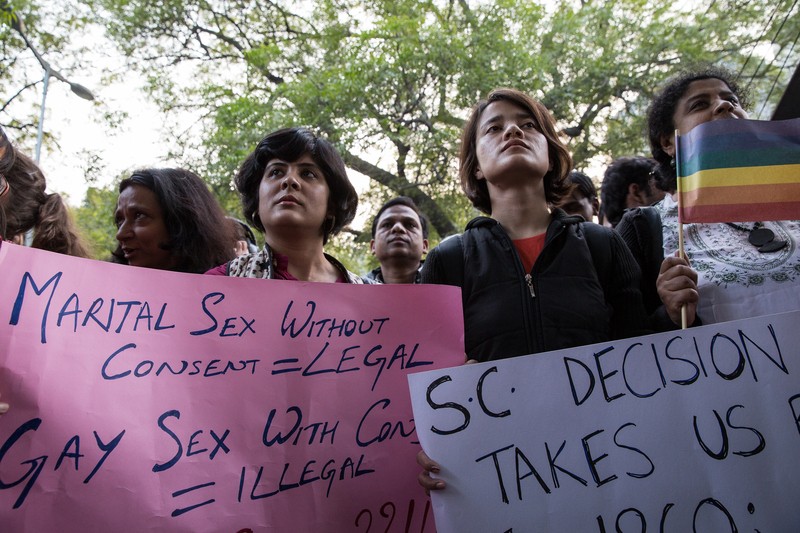 Hundreds gathered in central Delhi to protest against the Supreme Court decision toverturn a 2009 High Court ruling and instead, ruled in favour of 'Section 377,' a colonial era law which renders same sex relationships in India an illegal offense. Image by Louise Dowse. Copyright Demotix (11/12/2013)