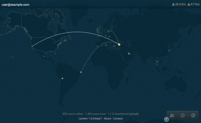The program indicates to the user that they are connected to the network outside China. Image from Lantern.