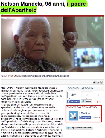 A screenshot of Italian newspaper Il Mattino's headline calling Nelson Mandela "the father of apartheid"
