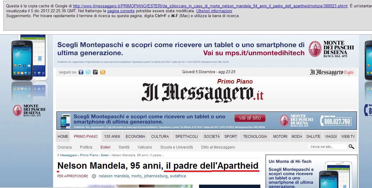 Italian newspaper Il Messaggero's headline calling Nelson Mandela "the father of apartheid".