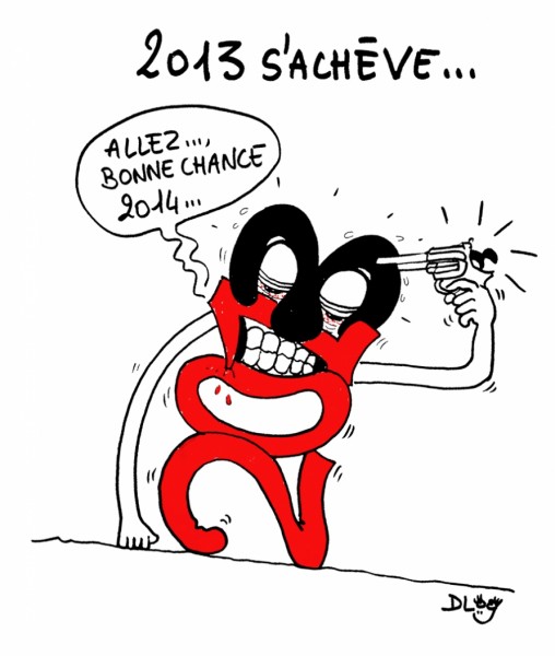 In this Cartoon by Le Bulle de Dlog, 2013 is Wishing 2014 "Good Luck.